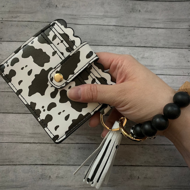 Cow Print Wristlet Wallet Key Chain Wallet Card Holder with Cow Print Bracelet Silicone Beads Gift for Cow Lovers Cow Print Accessories image 4