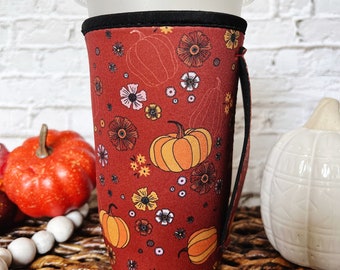 Iced Coffee Sleeve With Handle, Iced Coffee Gift for Coffee Lovers, Boho Fall Autumn Pumpkins, Drink Sleeve for Loaded Tea Large Size 30oz