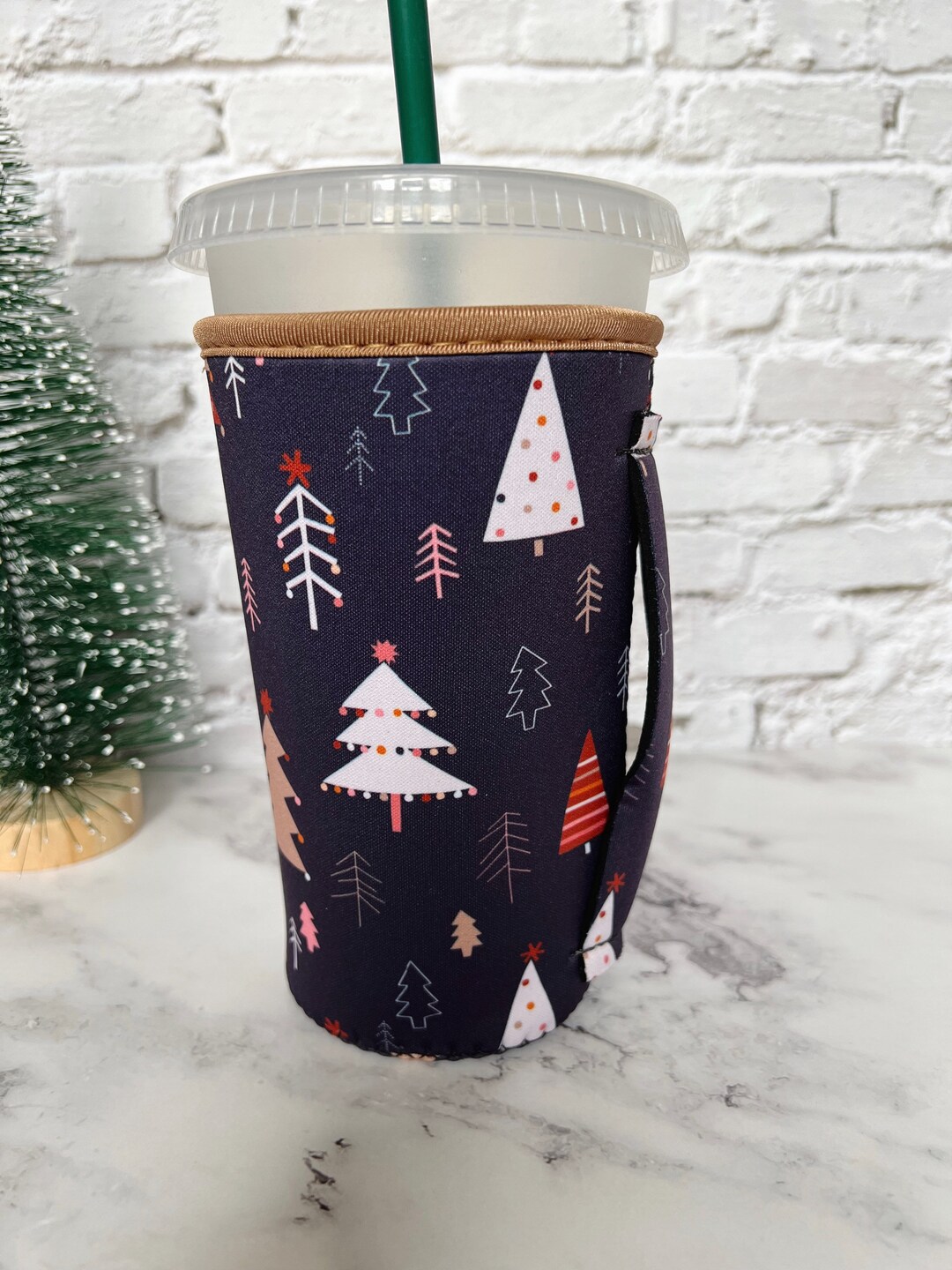 Iced Coffee Sleeve With Handle Boho Christmas Trees Christmas Iced