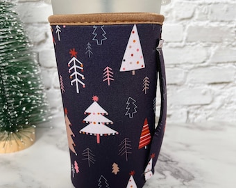 Iced Coffee Sleeve With Handle - Boho Christmas Trees - Christmas Iced Coffee Cup Holder, Beverage holder, Drink Holder with Handle