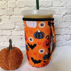 Halloween Iced Coffee Sleeve with Handle - Large - Iced Coffee Cup Holder, Beverage holder, Drink holder with Handle for loaded tea