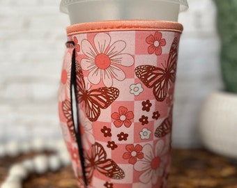 Iced Coffee Sleeve With Handle, Iced Coffee Gift for Coffee Lovers, Checkered Retro Flower Butterfly Drink Sleeve, Loaded Teas Large