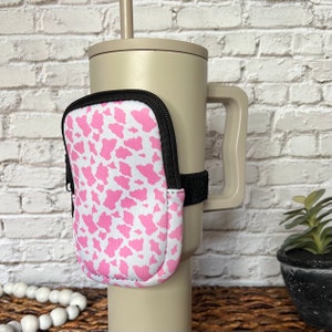 40oz Tumbler Pouch Accessory Pink/Black Cow Print Holder Adjustable Tumbler Pouch Gifts for Teens Tumbler Accessory Cow Print Gift image 1