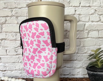 40oz Tumbler Pouch Accessory - Pink/Black Cow Print Holder - Adjustable Tumbler Pouch - Gifts for Teens - Tumbler Accessory Cow Print Gift