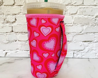 Iced Coffee Sleeve with Handle, Valentine’s Day Gift, Drink holder with handle, Valentines Gift Idea, Galentines Day Gift,Pink Hearts Sleeve