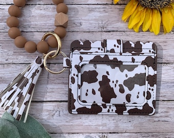 Brown and White Cow Print Key Chain Wristlet Cow Print Wallet Card Holder with Silicone Bead Bracelet Cow Gift Brown Cow Print