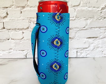 Evil Eye Slim Can Cooler Sleeve with Handle Blue Evil Eye Gif, Slim Beverage Cooler with Handle