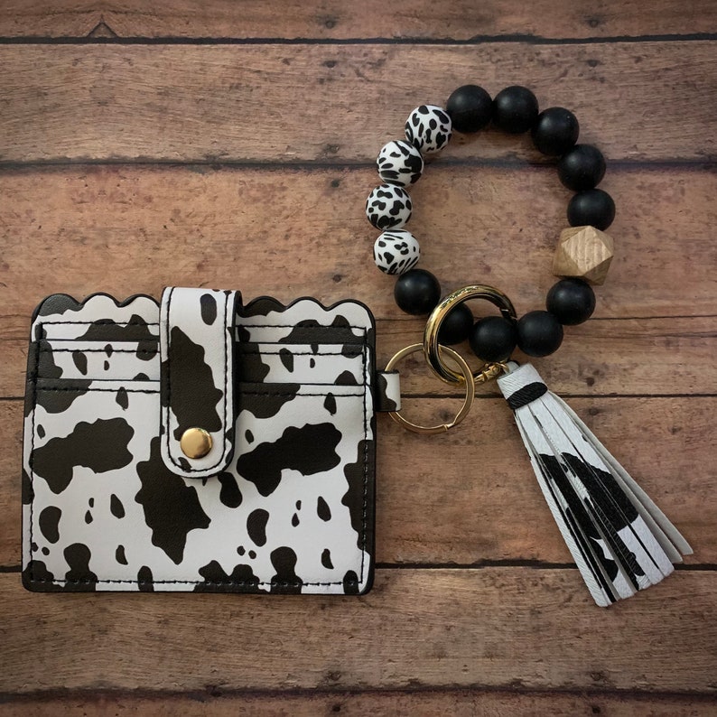 Cow Print Wristlet Wallet Key Chain Wallet Card Holder with Cow Print Bracelet Silicone Beads Gift for Cow Lovers Cow Print Accessories image 3