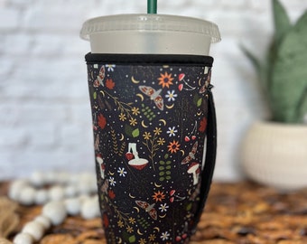 Iced Coffee Sleeve With Handle, Iced Coffee Gift for Coffee Lovers, Cottagecore Moody Floral Mushrooms Drink Sleeve, Loaded Teas, Large 30oz