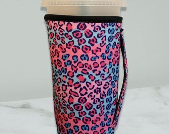 Iced Coffee Drink Sleeve with Handle Pink Blue Cheetah Print Leopard Print Iced Coffee Cup Holder, Beverage holder, Drink holder with Handle