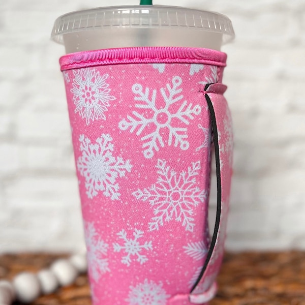 Iced Coffee Sleeve Christmas, Iced Coffee Gift for Coffee Lovers,  Pink Christmas Iced Coffee Sleeve with Handle, Loaded Tea, Large 30oz