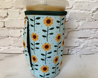 Iced Coffee Sleeve with Handle - Sunflowers - Large Iced Coffee Cup Holder, Beverage holder for Loaded Tea, Sunflower Gifts