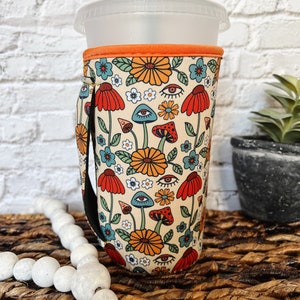 Iced Coffee Sleeve With Handle, Iced Coffee Gift for Coffee Lovers, Boho Retro Floral Mushroom Drink Sleeve, Loaded Teas Large Size 30oz