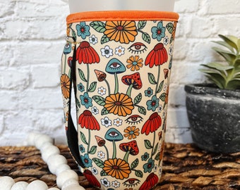 Iced Coffee Sleeve With Handle, Iced Coffee Gift for Coffee Lovers, Boho Retro Floral Mushroom Drink Sleeve, Loaded Teas Large Size 30oz