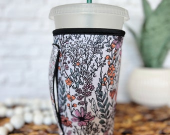 Iced Coffee Sleeve With Handle, Iced Coffee Gift for Coffee Lovers, Cottagecore Wildflowers Botanical Drink Sleeve, Loaded Teas, Large 30oz