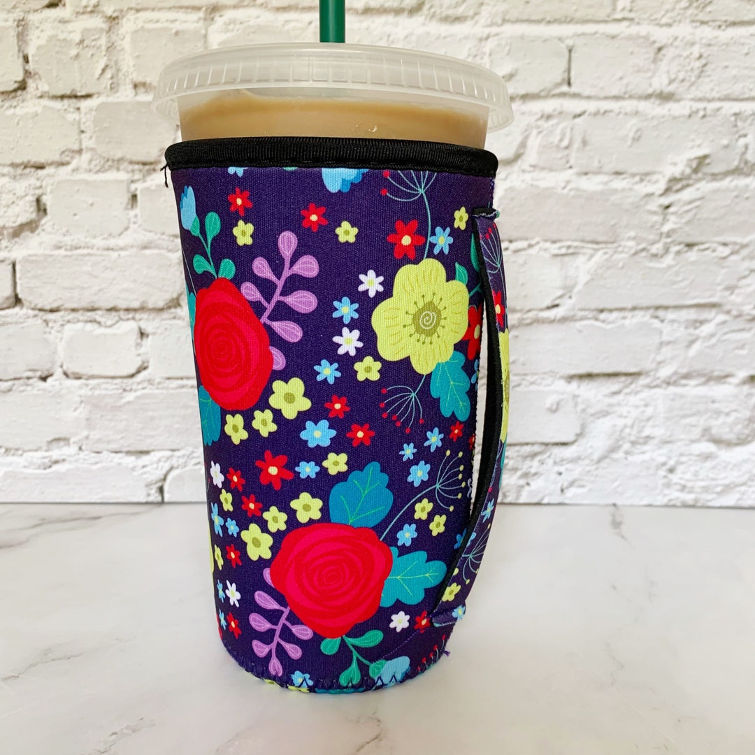 Iced Coffee Sleeve With Handle Large Purple Floral Print Iced Coffee