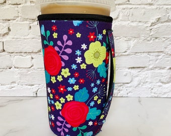 Iced Coffee Sleeve With Handle - Large - Purple Floral Print Iced Coffee Sleeve, Drink holder with handle