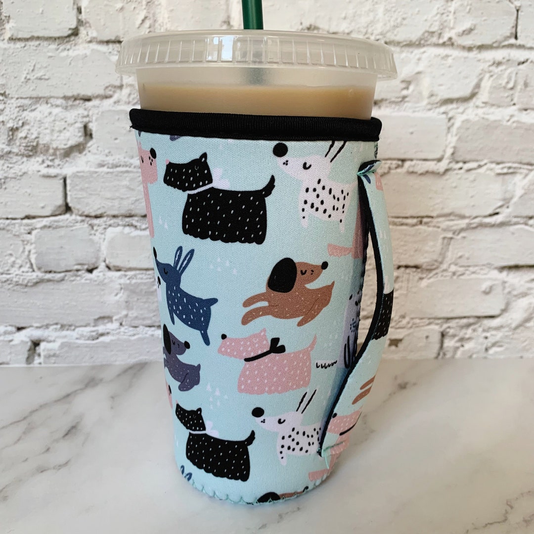 Iced Coffee Sleeve With Handle Large Cute Dog Print, Insulated Beverage
