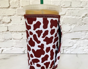 Iced Coffee Sleeve with Handle - Size Large - Brown Cow Print Iced Coffee Cup Holder, Beverage holder, Drink holder for Loaded Tea