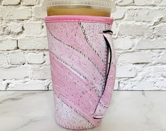 Iced Coffee Sleeve with Handle, Pink Marble Drink Sleeve, Mega Tea Sleeve, Loaded Tea, Unique Bridesmaid Gift - Size Large