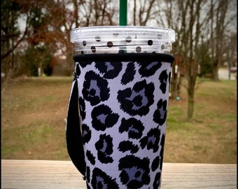 Iced Coffee Sleeve with Handle - MEDIUM - Gray & Black Leopard Cheetah Print, Iced Coffee Cup Holder, Beverage holder, Drink holder