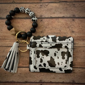 Cow Print Wristlet Wallet Key Chain Wallet Card Holder with Cow Print Bracelet Silicone Beads Gift for Cow Lovers Cow Print Accessories Black