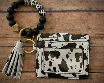 Cow Print Wristlet Wallet Key Chain Wallet Card Holder with Cow Print Bracelet Silicone Beads Gift for Cow Lovers Cow Print Accessories