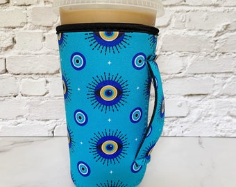 Iced Coffee Sleeve with Handle - Large - Evil Eye Iced Coffee Cup Holder, Beverage holder, Drink holder with handle - Evil Eye Gifts