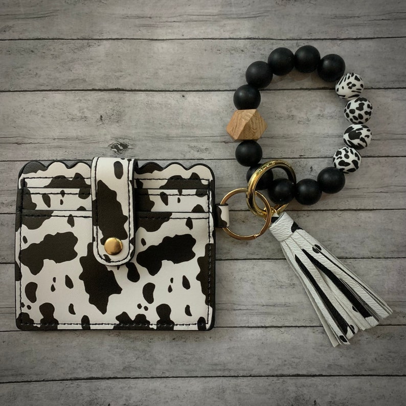 Cow Print Wristlet Wallet Key Chain Wallet Card Holder with Cow Print Bracelet Silicone Beads Gift for Cow Lovers Cow Print Accessories image 5