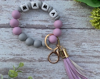 Mama Wristlet Keychain Bracelet Purple Silicone Beads Gift for Mom Mothers Day Gift for New Moms Girl Mom Key Chain