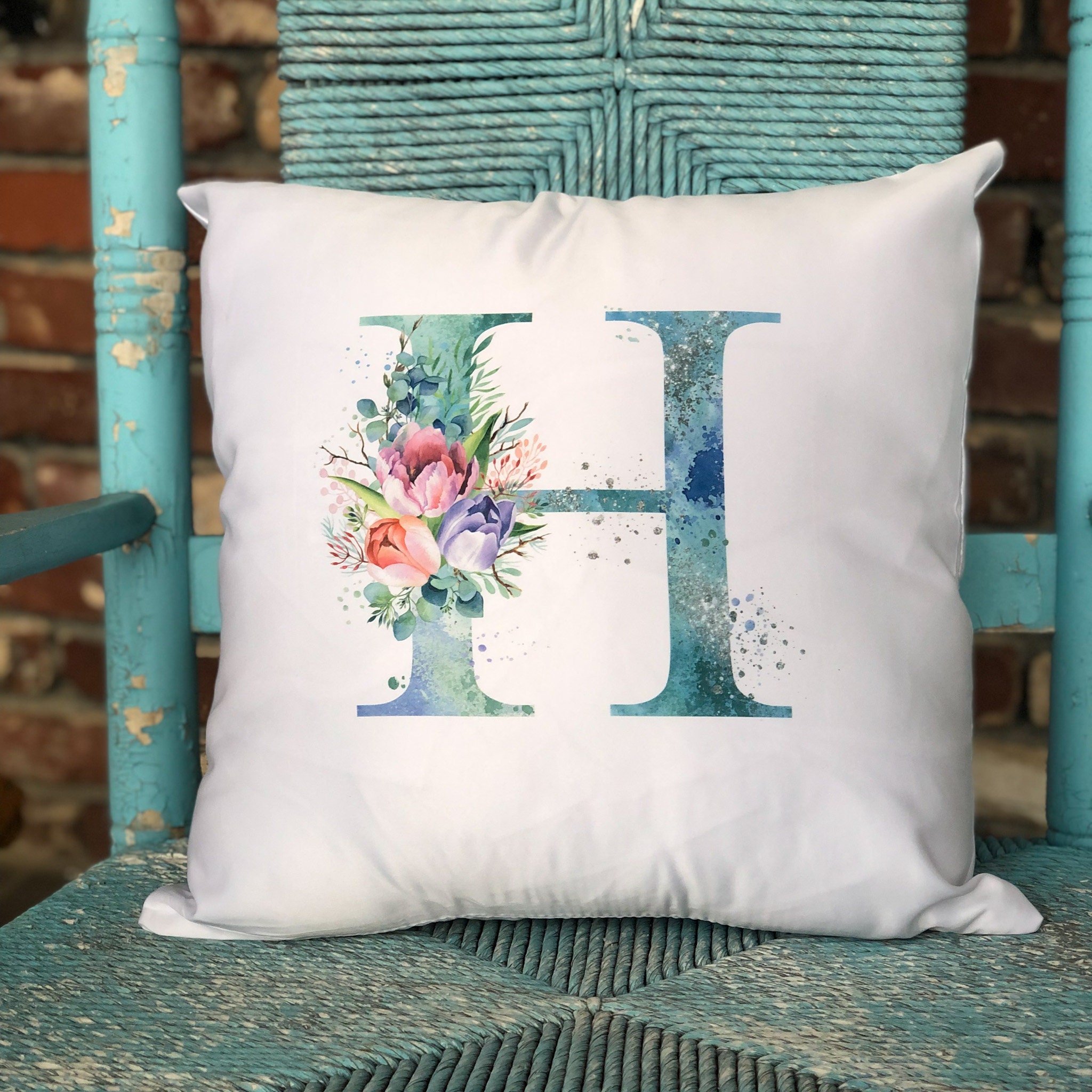 Personalized Printed Floral Monogram Throw Pillow Custom 