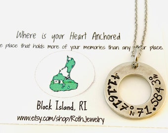 May include: Silver necklace with a round pendant featuring the coordinates 41.1627°N 71.5843°W and the text "Where is your Heart Anchored one place that holds more of your memories than any other place. Block Island, RI www.etsy.com/shop/RothJewelry"