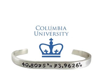 Columbia University GPS Coordinates Aluminum Cuff Bracelet, Graduation Gift