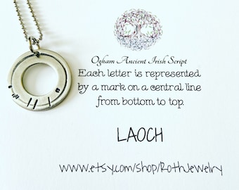 May include: A silver pendant necklace with a circular charm featuring the Ogham script for the word "LAOCH". The charm has a central circle with a line running through it, and marks on the line represent the letters of the word. The pendant is on a silver chain. The text "Ogham Ancient Irish Script" is written above the charm, and the text "Each letter is represented by a mark on a central line from bottom to top." is written below the charm. The text "LAOCH" is written below the text. The text "www.etsy.com/shop/RothJewelry" is written below the text "LAOCH".