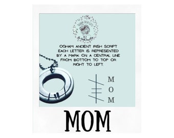 May include: A silver pendant necklace featuring the word "MOM" in Ogham script. The circular pendant has etched lines. The image includes text explaining Ogham script and the word "MOM" in large, bold letters.