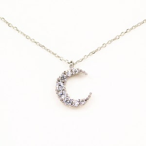 Moon Necklace, Sterling Silver Chain, Cubic Zirconia Crescent Moon, Cubic Zircornia Moon Necklace