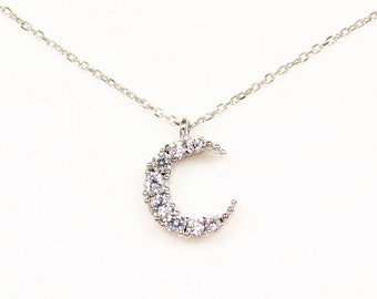 Moon Necklace, Sterling Silver Chain, Cubic Zirconia Crescent Moon, Cubic Zircornia Moon Necklace