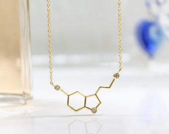 Serotonin Molecule Necklace In Gold And Silver, Healing Necklace, Geometric Hexagon Jewelry,  Hexagonal Cells