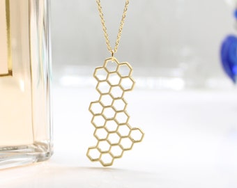 Honeycomb Necklace In Gold And Silver, Geometric Hexagon Jewelry,  hexagonal cells