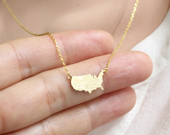 USA Necklace, Gold/Silver United States Pendant, Patriotic Necklace, Gift for Military Member, Exchange Student, New Citizen