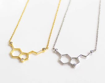 Serotonin Molecule Necklace In Gold And Silver, Healing Necklace, Geometric Hexagon Jewelry, Hexagonal Cells
