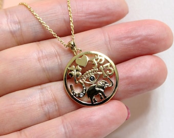 Lucky symbols pendant necklace, Gold/Silver medallion necklace, Lucky charm, Evil eye, elephant, Horseshoe, Clover