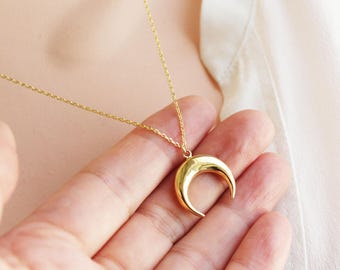 Double Horn Necklace In Gold Silver Rose Gold, Moon Necklace, Tusk Necklace, Crescent Moon, Half Moon Necklace