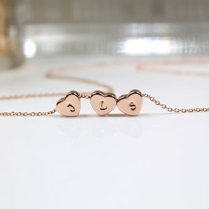 Three Hearts Necklace, Gold Silver Rose Gold Heart Necklace, Three Color Hearts, Initialed Hearts, Hand Stamped Initials