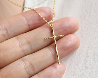 Textured Cross Pendant Necklace, Gold Or Silver Rugged Wood Cross, Christmas, Baptism, Wedding, Bridesmaid Gift