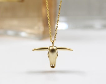 Collier tête de mort vache, collier tête de mort boeuf, Texas Longhorn, collier western, collier bois, collier ras du cou, collier superposition