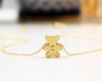 Collier ours en peluche en or ou en argent, personnalisation estampée à la main, collier avec pendentif silhouette d'ours, minimaliste