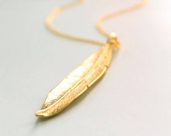 Gold Leaf Necklace, Long Chain Necklace, Elegant, Simple, Skinny Long Leaf, Bridesmaid Gift