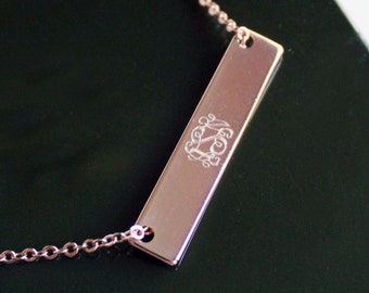 Monogram Bar Necklace In Gold Silver Or Rose Gold, Custom Engraving Bar, Roman Numerals, Greek Letters, Compass Coordinates, Name, Sorority