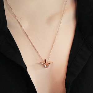 Origami Crane Pendant Necklace, Paper Fold Like Bird, Gold/Silver/Rose Gold Flying Bird, Christmas image 1